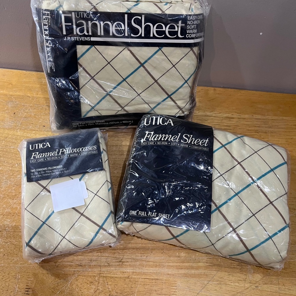 Vtg Utica JP Stevens Full Flannel Sheet Set Pajama Plaid Cream Blue
